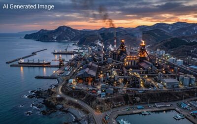 室蘭のような北海道南部の製鉄所(画像はAIによるイメージです。実際の景色ではありません)
