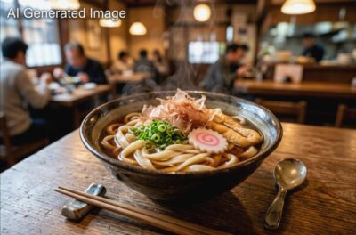 名古屋名物・きしめん（画像はAIによるイメージです）