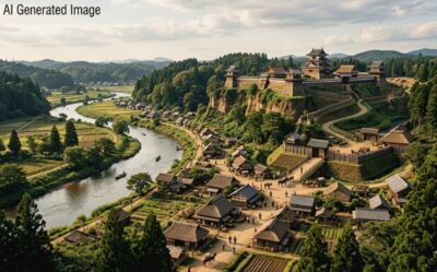 戦国時代の国府台・江戸川(画像はAIによるイメージです)(鉄道唱歌:松戸関連)
