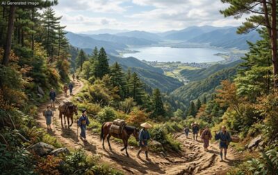 江戸時代の中山道・険しい塩尻峠（塩嶺峠）（画像はあくまでAIによるイメージです。）