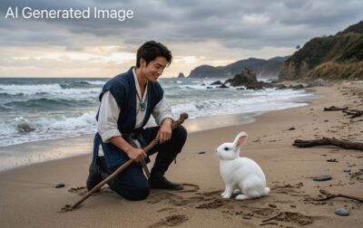 大国主命と「因幡の白兎」（画像はAIによるイメージです）