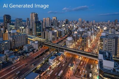 大阪の街のイメージ(画像はあくまでAIによるイメージです。実際の景色ではありません)