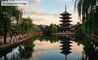 江戸時代の興福寺と猿沢池(画像はAIによるイメージです)
