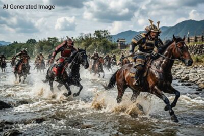 源平合戦の宇治川「佐々木四郎の先陣争い」（画像はAIによるイメージです）