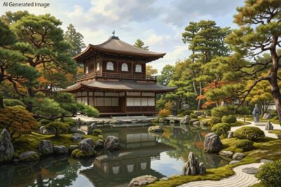 室町時代の銀閣寺（画像はAIによるイメージです）（鉄道唱歌：京都の観光・名所）