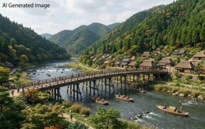 室町時代の嵐山・渡月橋(画像はAIによるイメージです)(鉄道唱歌の旅:京都の観光・名所)