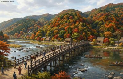室町時代の嵐山・渡月橋(画像はAIによるイメージです)(鉄道唱歌の旅:京都の観光・名所)