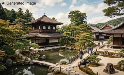 室町時代の銀閣寺（画像はAIによるイメージです）（鉄道唱歌：京都の観光・名所）