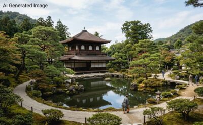 室町時代の銀閣寺（画像はAIによるイメージです）（鉄道唱歌：京都の観光・名所）