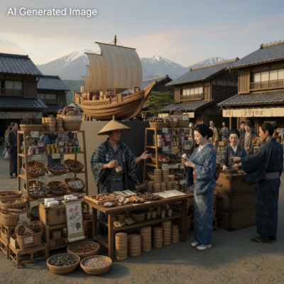 江戸時代の「富山の薬売り」(画像はAIによるイメージです)(鉄道唱歌の旅)
