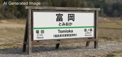 富岡駅（画像はAIによるイメージです。実物・実際の景色ではありません）（鉄道唱歌：浪江・双葉→いわき関連）