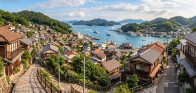 尾道の景色のイメージ(画像はAIによるイメージです)(鉄道唱歌:山陽地方の旅)