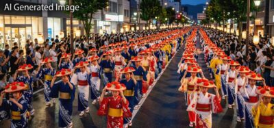 山形の花笠まつりのイメージ(画像はあくまでAIによるイメージです。実際の景色・人物等ではありません)(銀山温泉関連)