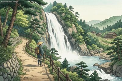 「夏でも涼しい」布引の滝をあとにする(画像はAIによるイメージです)(鉄道唱歌:山陽地方の旅)