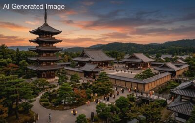 平安時代の東寺（画像はAIによるイメージです）（鉄道唱歌の旅：京都の観光・名所）