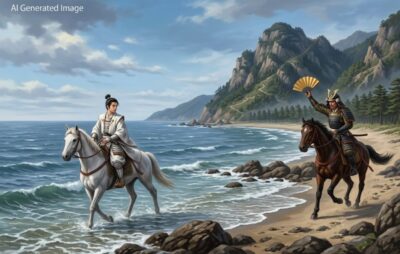 須磨の海へと逃げる平敦盛を呼び止める熊谷直実(画像はAIによるイメージです)