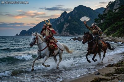 須磨の海へと逃げる平敦盛を呼び止める熊谷直実(画像はAIによるイメージです)