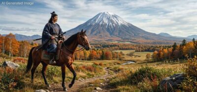 阿倍比羅夫と羊蹄山（画像はAIによるイメージです）（鉄道唱歌：比羅夫駅関連）