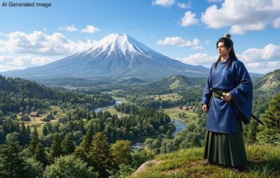 阿倍比羅夫と羊蹄山（画像はAIによるイメージです）（鉄道唱歌：比羅夫駅関連）