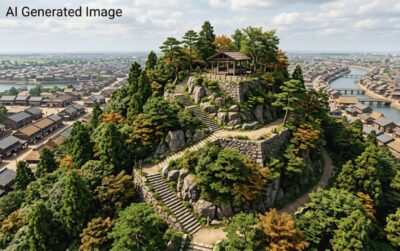 江戸時代の「愛宕の山」（画像はAIによるイメージです）（鉄道唱歌・新橋関連）