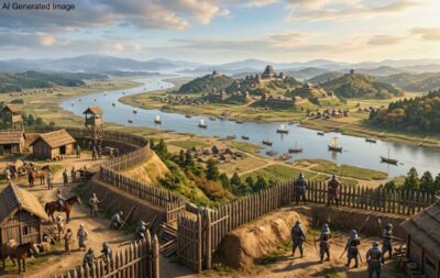 戦国時代の国府台・江戸川（画像はAIによるイメージです）（鉄道唱歌：松戸関連）