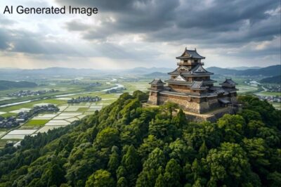 小牧山城（画像はAIによるイメージです）（鉄道唱歌の旅・勝川関連）