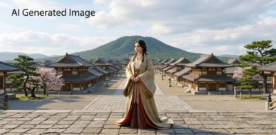 藤原京・畝傍山と持統天皇（画像はAIによるイメージです）