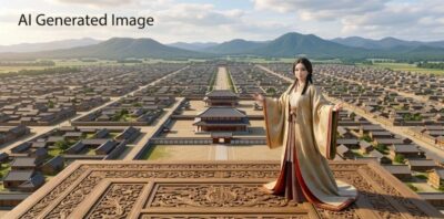 藤原京（現在の奈良県橿原市）と持統天皇（画像はAIによるイメージです）