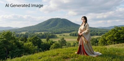 奈良・畝傍山をバックに国の頂点に立つ持統天皇（画像はAIによるイメージです）