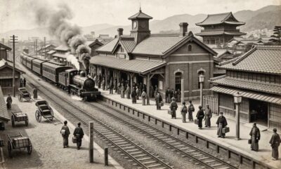 明治時代の京都駅（七条駅）（画像はAIによるイメージです）（鉄道唱歌の旅：京都の観光・名所）