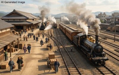 明治時代の京都駅（七条駅）（画像はAIによるイメージです）（鉄道唱歌の旅：京都の観光・名所）