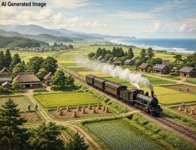 明治時代の福島浜通りを走る常磐線(磐城線)(画像はAIによるイメージです)(鉄道唱歌:岩沼→相馬→いわき)