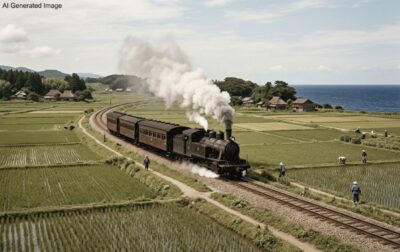 明治時代の、福島・浜通りの常磐線（磐城線）（画像はAIによるイメージです）（鉄道唱歌：浪江・双葉→いわき関連）
