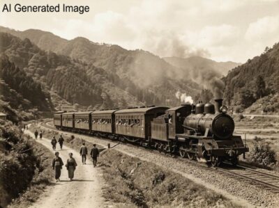 明治時代の阪鶴鉄道（画像はあくまでAIによるイメージです。）（鉄道唱歌：舞鶴関連）