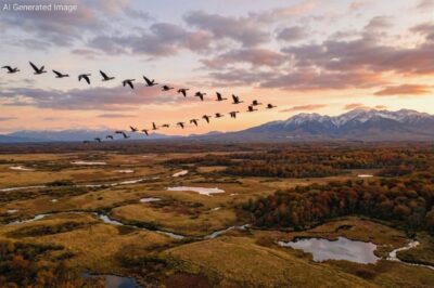 北海道の原野を飛ぶ雁(画像はAIによるイメージです)(鉄道唱歌の旅・厚別関連)