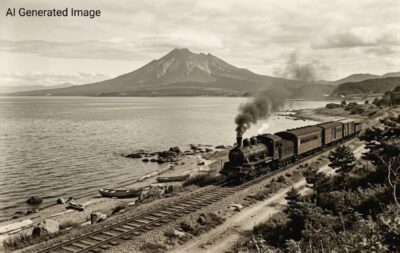 明治時代の、内浦湾（噴火湾）沿いに進む蒸気機関車（画像はAIによるイメージです）（鉄道唱歌：八雲・国縫・胆振地方関連）