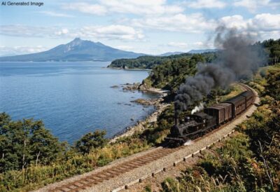 明治時代の、内浦湾（噴火湾）沿いに進む蒸気機関車（画像はAIによるイメージです）（鉄道唱歌：八雲・国縫・胆振地方関連）