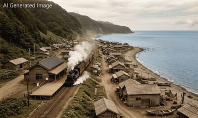 明治時代の、内浦湾（噴火湾）沿いの蒸気機関車（画像はAIによるイメージです）（鉄道唱歌：八雲・国縫・胆振地方関連）
