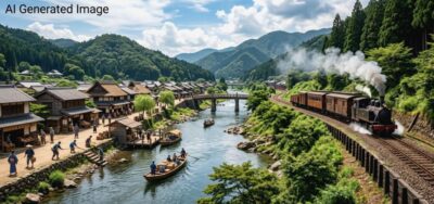 明治時代の土岐川・多治見周辺を走る蒸気機関車(画像はAIによるイメージです)