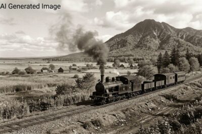 明治時代・手稲山と蒸気機関車（画像はAIによるイメージです）（鉄道唱歌の旅）