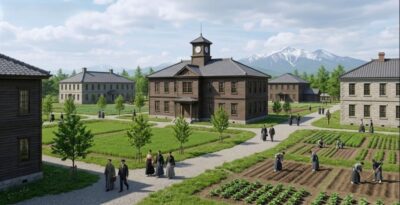 明治時代の札幌農学校(画像はAIによるイメージです)(鉄道唱歌の旅)