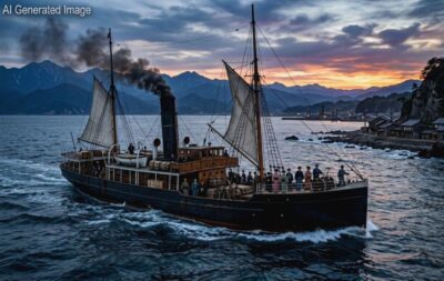 明治時代の、直江津から(富山の)伏木に向かう汽船(画像はAIによるイメージです)