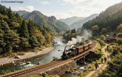 中国山地を高梁川沿いに走る蒸気機関車（画像はAIによるイメージです）