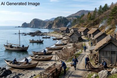 明治時代の蘭島・塩谷のような漁村のイメージ(画像はAIによるイメージです)