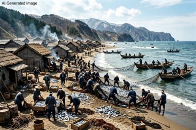 明治時代の蘭島・塩谷の漁村(画像はAIによるイメージです)(鉄道唱歌の旅)