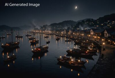 明治時代の長崎の夜の港(画像はAIによるイメージです)