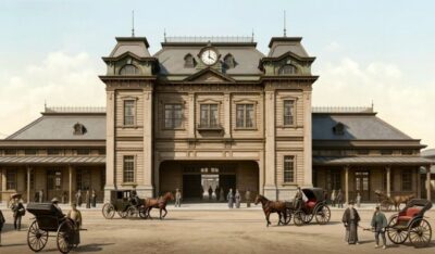 明治時代の門司駅(画像はAIによるイメージです)(鉄道唱歌:山陽地方の旅)