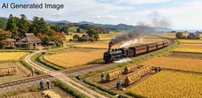 明治時代の常磐線（磐城線）（画像はAIによるイメージです）（鉄道唱歌：原ノ町・南相馬市関連）