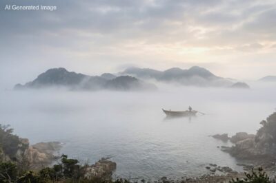 柿本人麻呂が詩に詠んだ「朝霧（あさぎり）の明石」のイメージ。朝の深い霧に包まれ隠れてゆく淡路島、そして海をこいでゆく舟の風情や趣きについて詠んだものであり、また表現したものになります（画像はあくまでAIによるイメージです。）