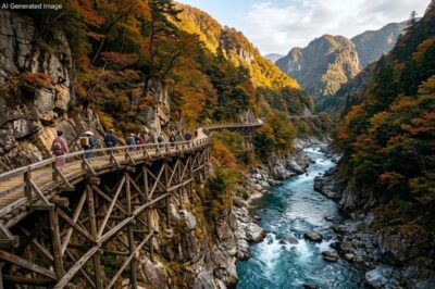 木曽の桟（画像はAIによるイメージです）（鉄道唱歌の旅）